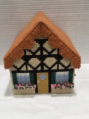 Vintage Needlepoint Cottage House Lidded Box Cottagecore